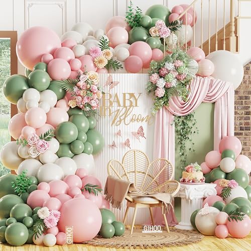Baby in Bloom Balloon Arch Kit 139pcs Pastel Sage Green and Pink Balloon Garland for Boho Baby Shower Birthday Party Decoration