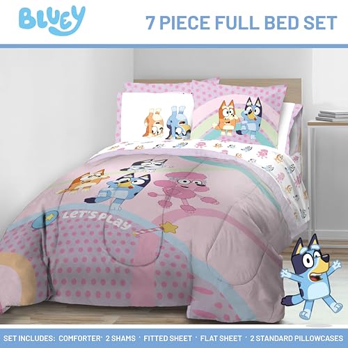 Image of Bluey Bingo Full Comforter Set 7 Piece Kids Bedding for Girls, Pink | Bed in a Bag, Comforter Sheets Shams Pillowcases, Official Brand, Soft Microfiber, Machine Washable, Girls Gift