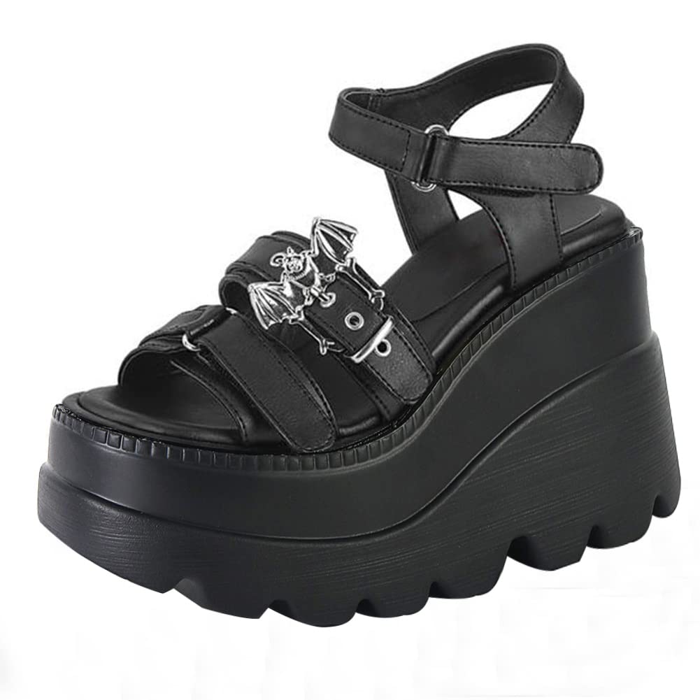 CELNEPHO Platform Sandals For Women Sweet Gothic Punk Heart Chain Buckle Comfort Square Toe High Slop Heel Wedge Sandals - 9 B-blackpu