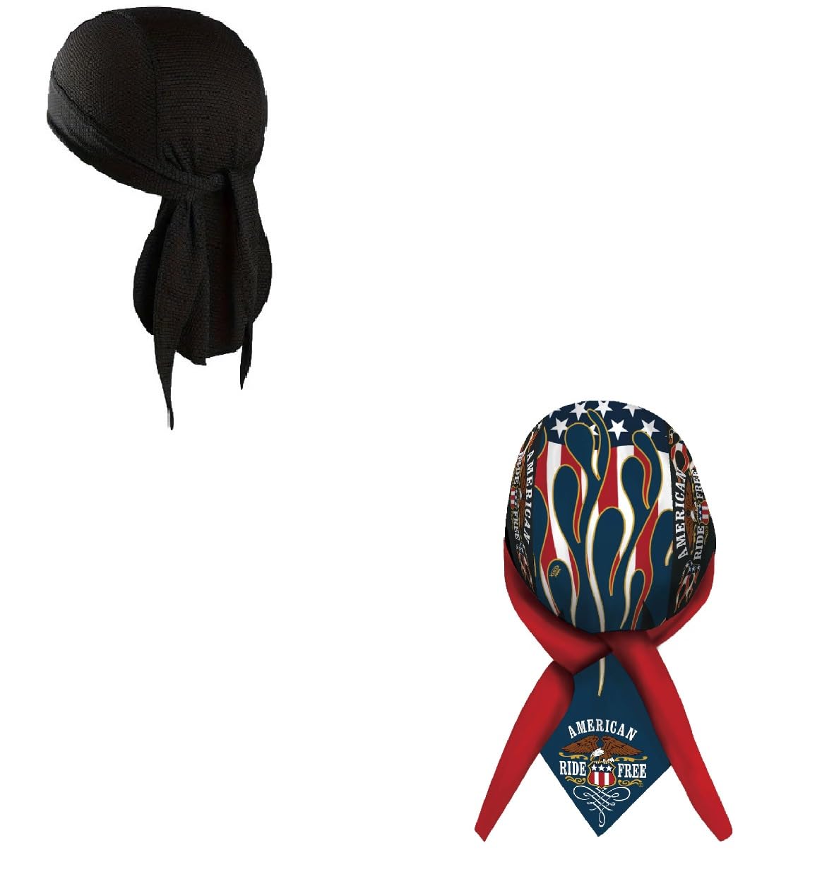 Headwrap Durag Doo Rag Skull Cap Lot or Set of 2 Biker American Ride Free Flag and Flames