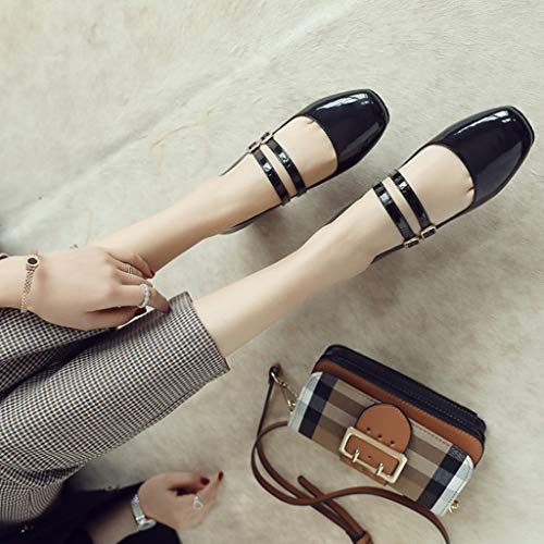 MIOKE Women's Square Toe Mary Jane Pumps Buckle Strappy Comfort Chunky Block Mid Heel Classic Dress Shoes3