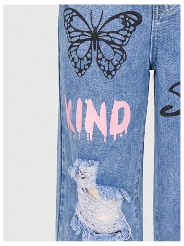 GORGLITTER Girl's Jeans Baggy Wide Leg Graphic Denim Pants Y2K Ripped Zipper Fly Long Trousers with Pockets4