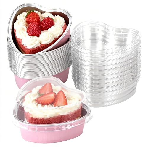 Mini pirottini per torte a forma di cuore, con coperchio, in alluminio, per friggitrice ad aria, per cheesecake, tazze, muffin, scatole per tazze (confezione da 24)