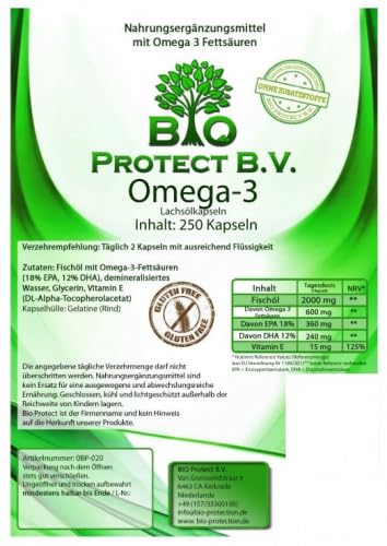Omega-3 Kapseln Fischöl Bio Protect 1000 mg mit EPA und DHA hochdosiert 250 Kapseln Lachsölkapseln in Premiumqualität