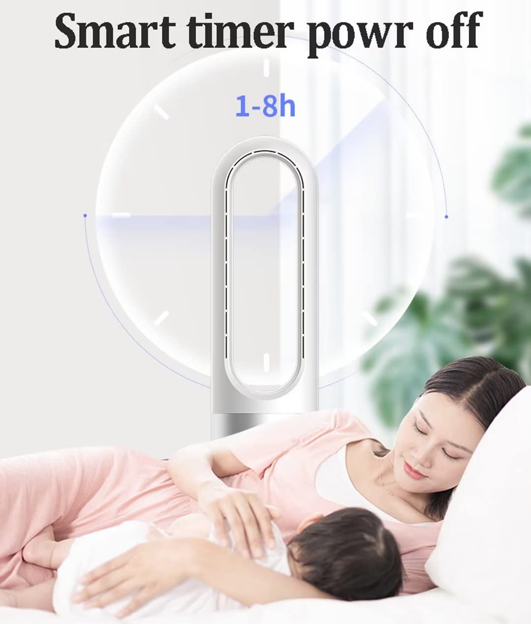 Nowoczesny wentylator wieżowy bez łopatek do użytku domowego, naturalne chłodzenie wiatru 40 W, oscylacja 80° z pilotem zdalnego sterowania, 8 prędkości, 8-godzinny zegar, wyświetlacz LED,