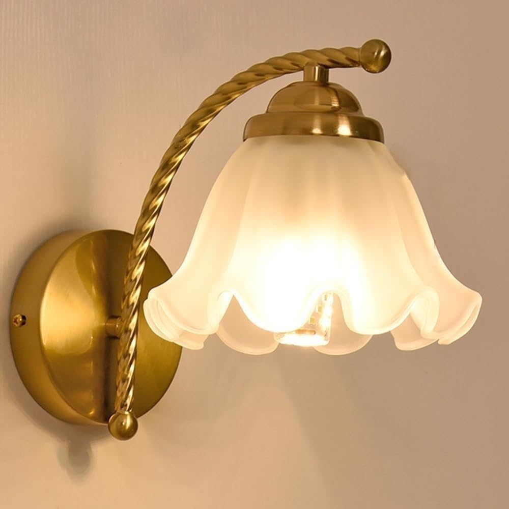 HPTHLY Gold Iron Wall Mount Lighting Flower Shaped Frosted Glass Wall Sconce Retro E26/E27 Sockets Wall Lamps For Bedroom Bedside Living Room
