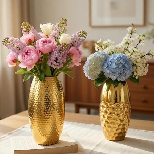 Image of Behoma Metal Hammered Vase for Home Decor | Decoratives for Indoor Outdoor Living Room Balcony |Golden Half Hammered & Full Hammered Oblong Shape (Flower not Included) (Set of 2)