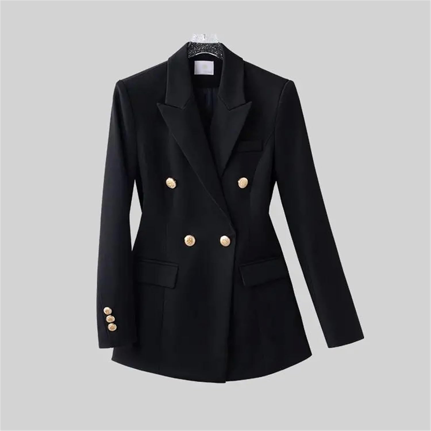 Women's Black Blazers Peplum Cashmere Blend Seven-Quarter Elastic Cuffs Jackets