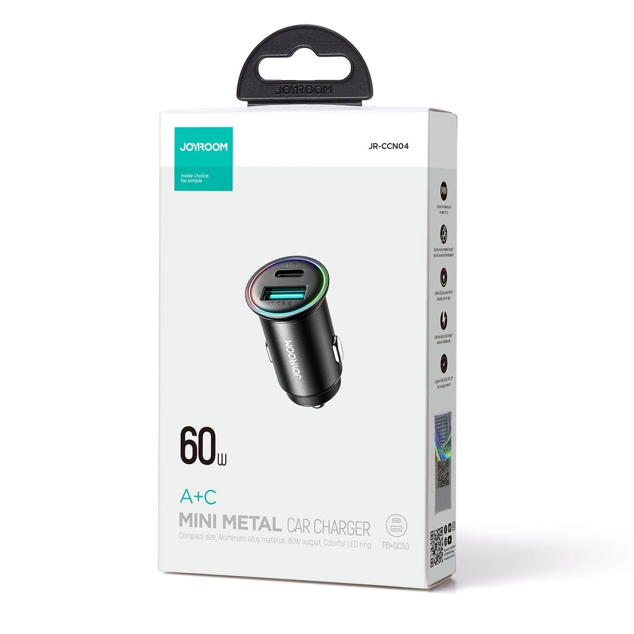 Joyroom Caricabatteria da auto Mini Caricatore rapido USB-C e USB-A 60W con indicatore LED Nero