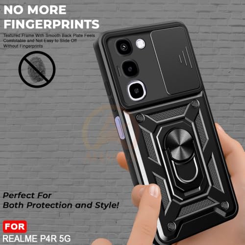 Image of Armor Bumper Back Cover Case for Realme P4R 5G Rotating Camera Cover, Ring Holder & Kickstand | Heavy Duty & 360 Degree Protection Realme P4R 5G Back Cover (Black)