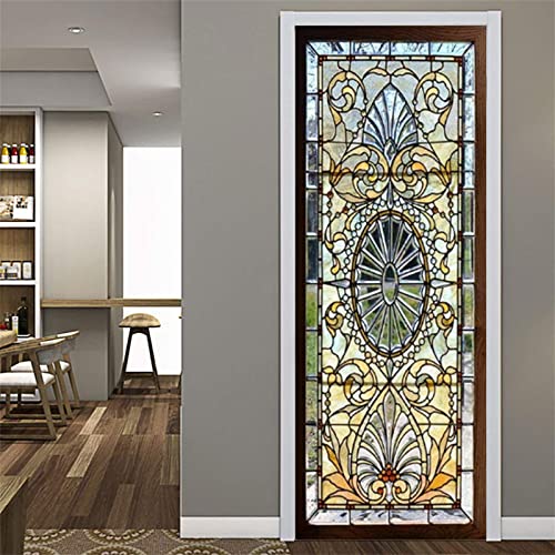 FLFK Vitrail Autocollant Porte Affiche 3D pour Chambre Auto-adhésif Amovible Murale Décoration 77X200cm