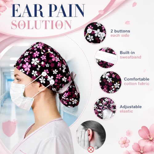 Image of Unittype 4 Pcs Nurse Caps for Women Nursing Working Caps with Button and Sweatband Adjustable Elastic Scrub Hats for Dentist