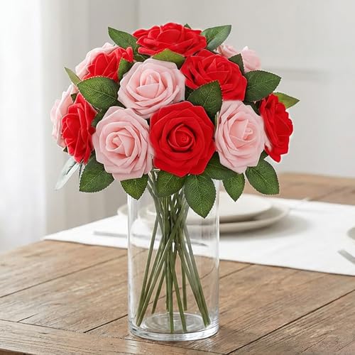 Image of 100Pcs Realistic Red Light Pink Artificial Rose Flower Heads, Foam Fake Roses for DIY Wedding Decorations Baby Shower Centerpieces Home Party Valentine's Day Mother's Day Decor
