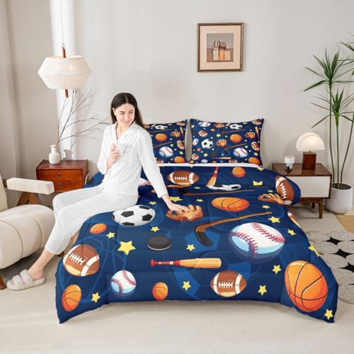 Image of Feelyou Soccer Basketball Comforter Set Twin Size 2 Pcs Kids Boys Girls