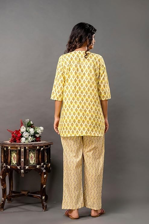 Image of Pure Cotton Printed Night Suit Set | Top Pyjama Set for Women | Night Dress of Kurta Pyjama Set for Women | Kurta Top Set