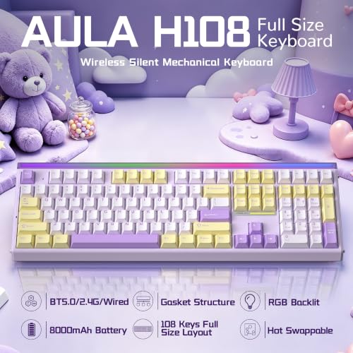 Image of Aula H108 Wireless Silent Mechanical Keyboard with Number Pad Hot Swappable
