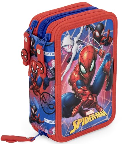 Clondo Estojo escolar completo com 3 compartimentos, 46 acessórios para crianças, kit de papelaria com 3 canetas de gel apagáveis, marcadores, ceras, cola, sublinhador, Gadget oficial, Homem Aranha 26