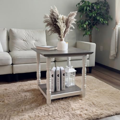 DWVO Farmhouse Square Coffee Table, Antique Accent Side Table with Floor Shelf, 23.6"x 23.6" Living Room Furniture, Vintage Ivory & White