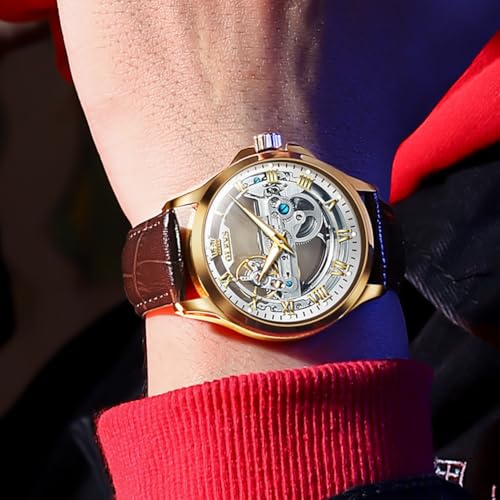 Image of OLEVS Mechanical Dress Mens Watches Square Brown Leather Strap Moon Phase Skeleton Tourbillion Day Date Waterproof Luminous Men's Wrist Watches