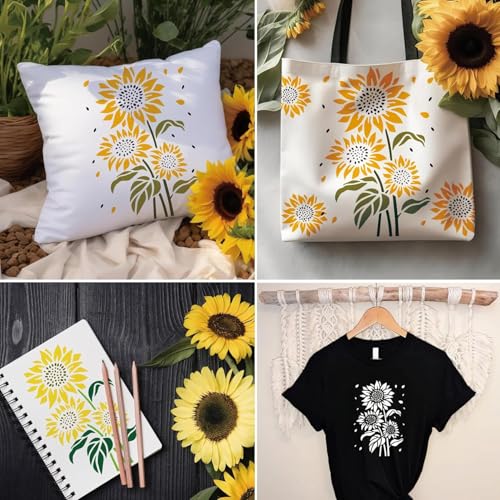 Image of Wildflower Stencils for Painting on Wood, Vine Cherry Blossom Bird Tree Leaf Stencils for Crafts Reusable Wood Burning Drawing Art Paint and Patterns for Wall Cake Cookie (13 Spring A5) (Sun flower)