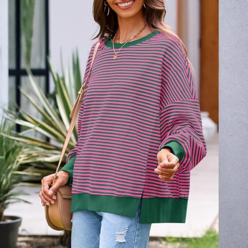 Womens Striped Long Sleeve Shirt Waffle Knit Crewneck Oversized Sweatshirt - image 7