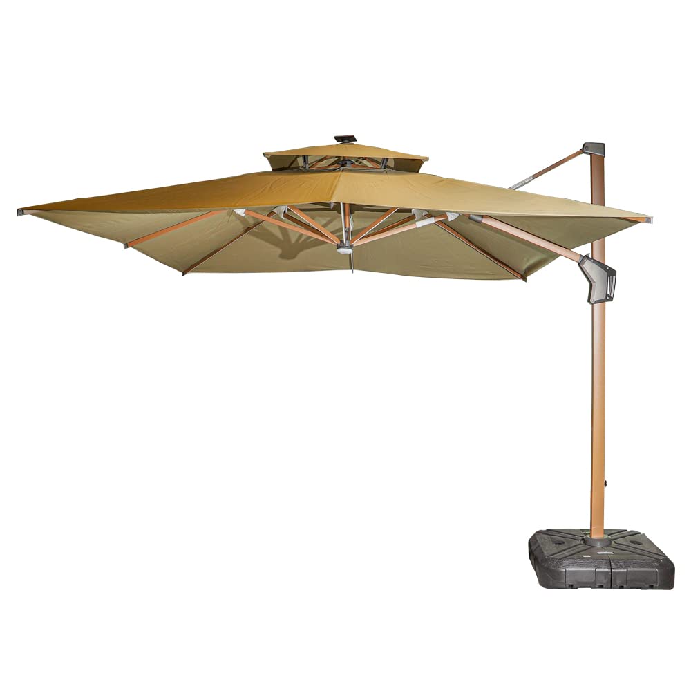 Yatai Decor Double Layer Solar Led Bar Patio Umbrella Cantilever Canopy Heavy Duty Sunshade Waterproof Canopy with UV Protection Umbrella With Parasol Base For Garden Pool Balcony