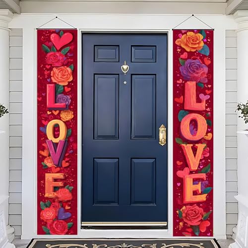 Image of Love Front Door Banner 11.81x70.87 Inch, Red Rose Heart Porch Sign for Spring Mother's Day, Romantic Floral Welcome Flag Outside Wall Decor, Weatherproof Fabric Hanging Decoration