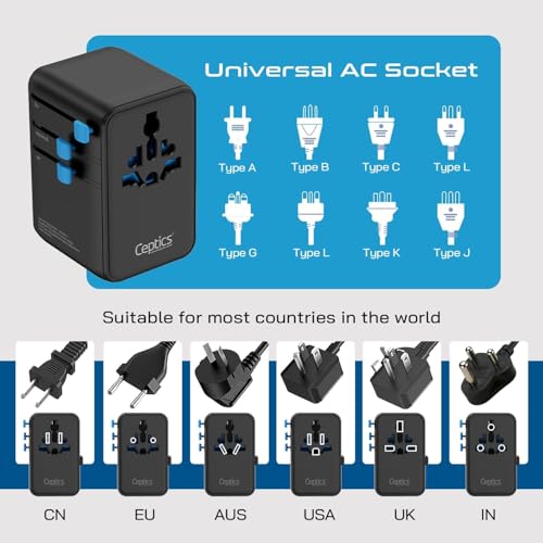 Image of Ceptics GAN 100W Universal Travel Adapter with Retractable USB-C Cable, 2X USB-A & C, Universal Input and 1x USA /JP Input, 7 in 1 Universal Adapter for Worldwide Travel - Type A, C, G, I Output