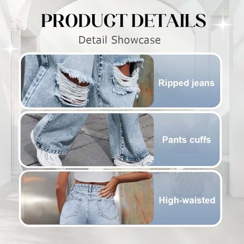 Women's Ripped Knees Baggy Jeans, High Waist Wide Leg Denim Pants Trendy Casual Jeans Loose Boyfriends Denim Pant4