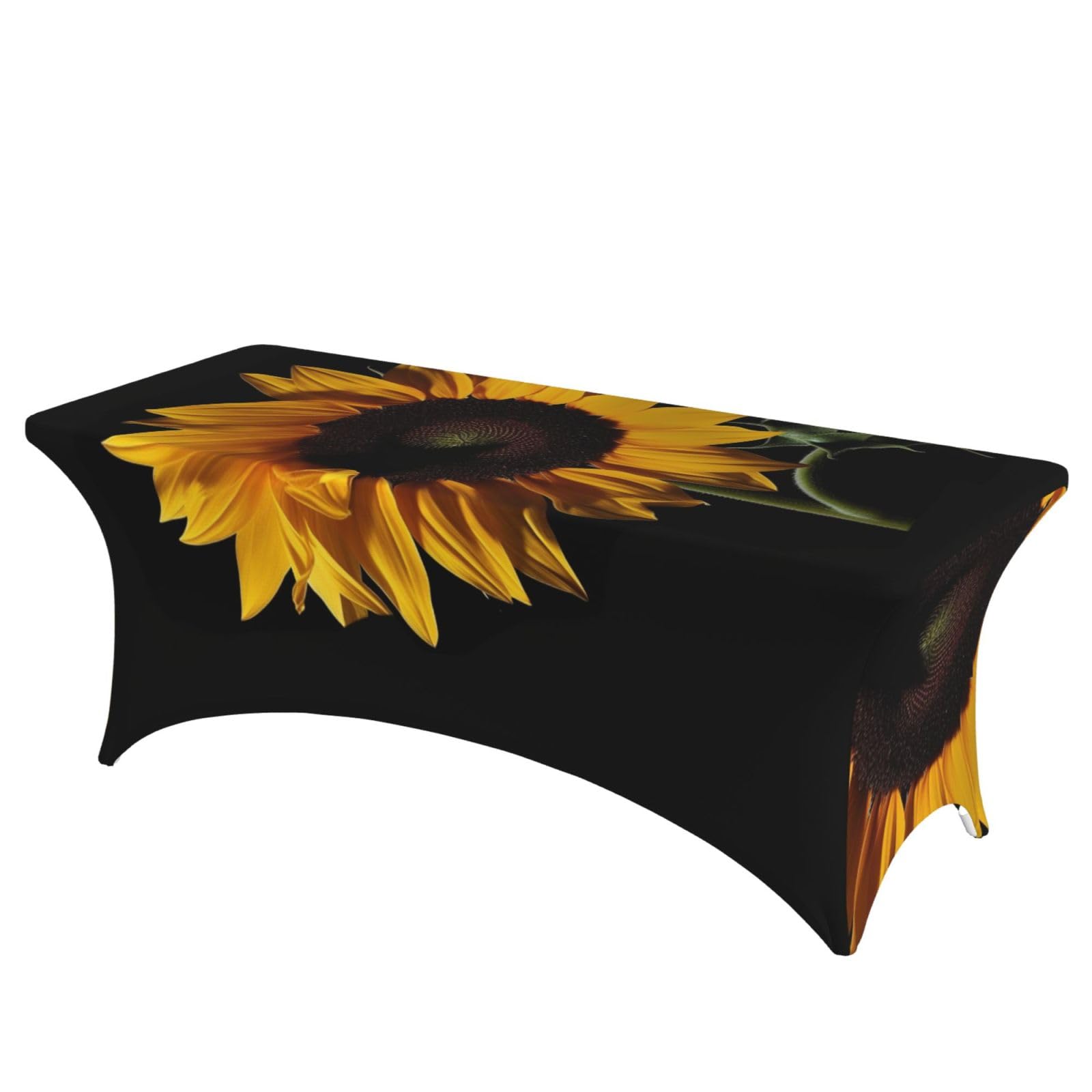 Nappe extensible ajustée tournesol fond noir en tissu élasthanne pour buffet et banquet