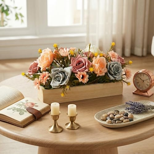Image of Dekorly Artificial Rose Flower Arrangement with Wooden Planter (24 CM) | Premium Realistic Floral Decor for Table & Living Room | Stylish Indoor Decor for Living Room