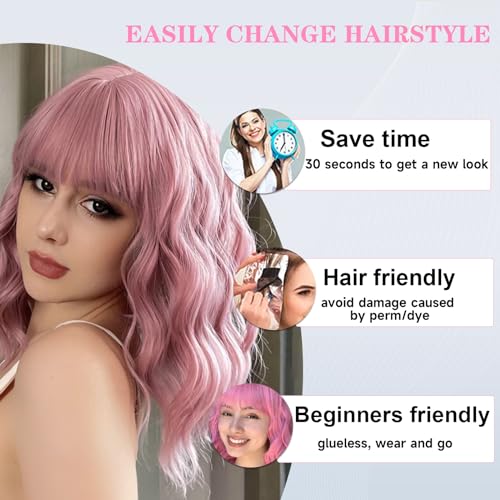 Pink Wigs For Women Short Wavy Bob Wig With Bangs Wear And Go Glueless Wig Medium Length Synthetic Cosplay Wig Fun Party Colored Wigs(Pink, 12 Inch)