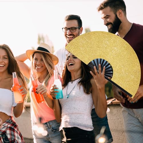 Image of Vercraft 13'' Large Rave Fan for Women Rave Accessories Festival Outfits Glitter Hand Folding Clack Fan for Line Dancing EDM Music Festival Outfits(Gold)