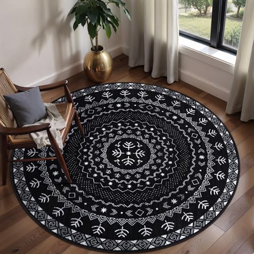 SERISSA Round Area Rug 4ft Washable Non-Slip Black and White Boho Circle Rug Soft Low-Pile Geometric Indoor Small Circular Carpet for Bedroom Entryway Living Room Dining Room