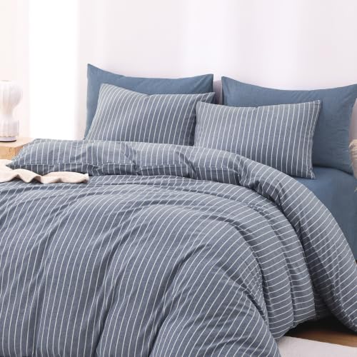 Image of Wake In Cloud - Striped Cotton Duvet Cover Set, Ticking Stripe Vertical Pinstripe Farmhouse, 100% Washed Cotton Textured Bedding Set, 3 Pieces, Denim Blue, Full Size