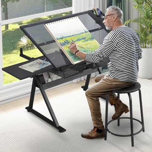 ALYIAMXL Black Drafting Table w/Stool, Painting Table Art Craft Desk Crafting...