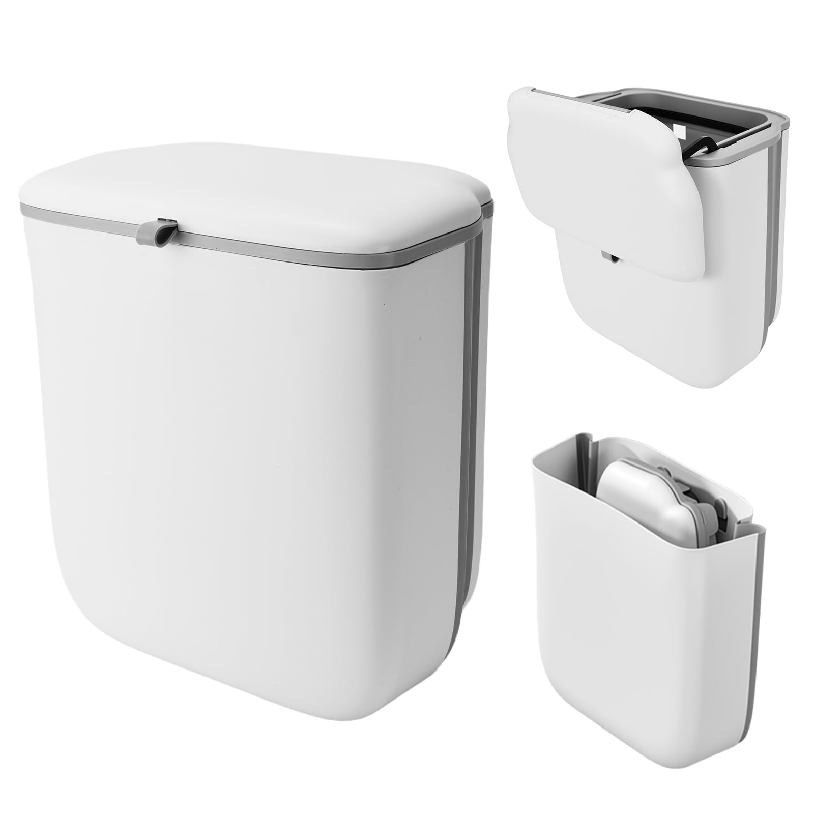 Eborrkee 10L White Foldable Hanging Bin with Lid, Kitchen Cupboard Bin, Waste Caddy Bins, Kitchen Waste Bin, Small Kitchen Waste Bin for Under Sink/Cupboard & Caravan/Food Waste Caddy/Toilet/Camping