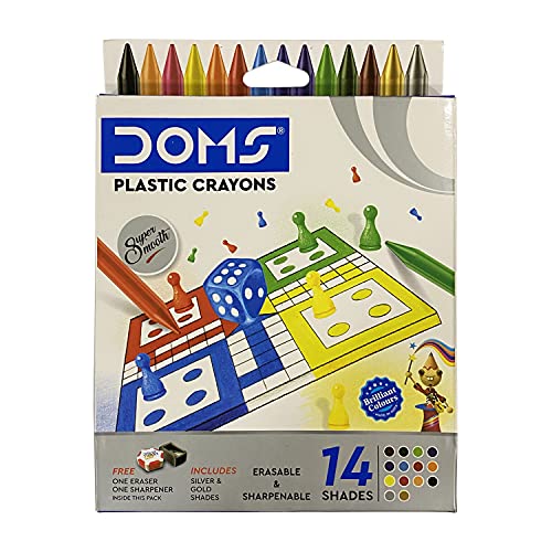 Image of Doms Plastic Crayon 28 Shades Round Tin Non-Toxic Super Smooth Plastic Crayons in Box Pack (14 Shades)