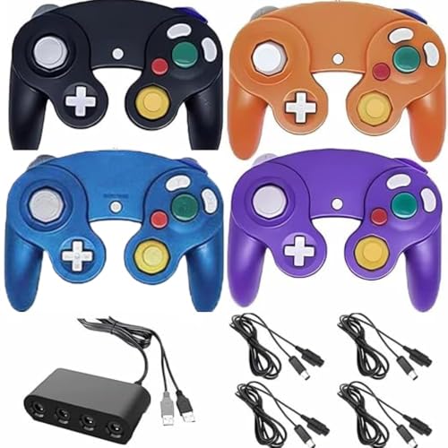 Poulep 4 Pack Wired Gamecube Controllers with 4 Port USB Adapter and 4 Pcs Extension Cord Set for Game Cube, Switch, WII, Wii U Console, PC (Black Purple Orange Bule)