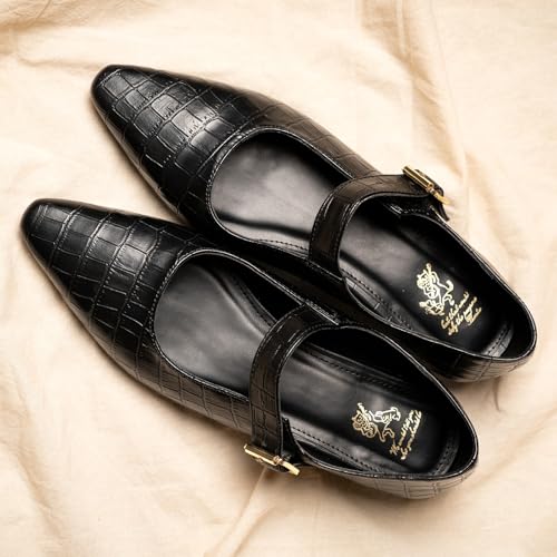 Image of Theater Women Foxes Croc-Texture Mary Jane Flats | Pointed-Toe Ballerinas with Adjustable Strap & Low Heel | Elegant, Comfortable Footwear for Office, Travel & Smart Casual Outfits