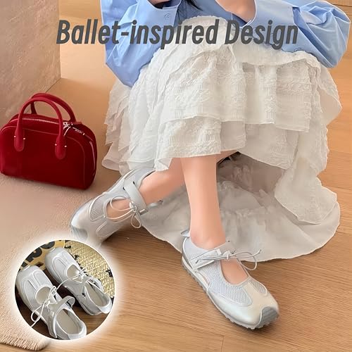 Women's Mary Jane Flats, Ballet-Inspired Hook-Loop Strap Elastic Laces Breathable Mesh Non-Slip Rubber Sole,Ideal for Daily Walks & Casual Outings3
