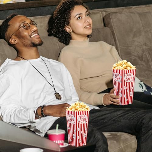 Image of 100 Pack Popcorn Boxes,58 oz Paper Popcorn Containers,Red and White Striped Close-Top Cardboard Pop Corners Bags Individual Servings (100, 58 Oz)