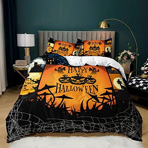 Meiju-shop 3D Bedding Set Duvet Cover Set 3 Piece, Halloween Printed Microfibre Bed Set with Quilt Cover with Zipper & Pillowcases 50x75cm for Single Double Super King Bed (Evil pumpkin,135x200cm)