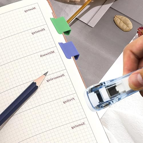 2 Stück tragbarer Clip-Drücker in Blau und Lila mit 100 wiederverwendbaren Druckclips, silber- und farbig-metallene Büroartikel in transparenter Box für die Organisation zu Hause, in der Papier Clip