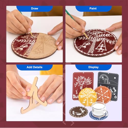 Image of Kores Warli Art Kit for Kids | DIY Indian Folk Art Painting Kit | 4 Illustrated Coasters + 2 Wall Hangers + Stands | Acrylic Colours, Sketch Pens, Brushes & Manual | Creative Art & Craft Kit for Age 8-99