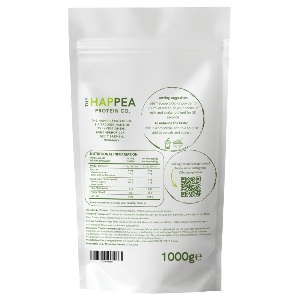 1 kg Hochwertiges Vegan Erbsenprotein Pulver - 85% Protein - Veganes Proteinpulver, Geschmacksneutral, Ohne Zucker, Ideal für Muskelaufbau & Diät, Hoch Löslich, 100% GVO-frei
