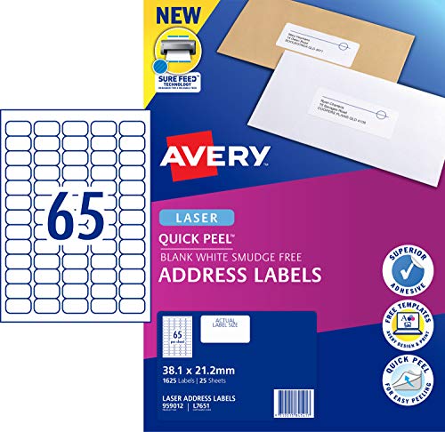 Avery L7551 Quick Peel Address Labels, White, 38.1 x 21.2 mm, 1625 Labels (959012 / L7651)