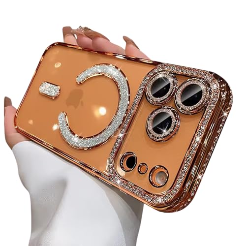 Image of DIZORO Compatible with (iPhone 17 Pro Max Case) Clear Luxury Diamond Glitter Case |Camera Lens Protector with Glitter Ring | Premium Shockproof Glossy Shiny Back Cover Case for Girls Women -Orange