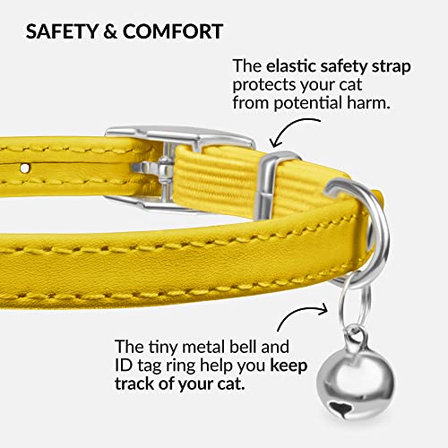Image of CollarDirect Leather Cat Collar, Animal Collar with Elastic Safety Strap and Bell for Boy, Girl, Kitten (Neck Fit 6 inch-7 inch, Yellow)