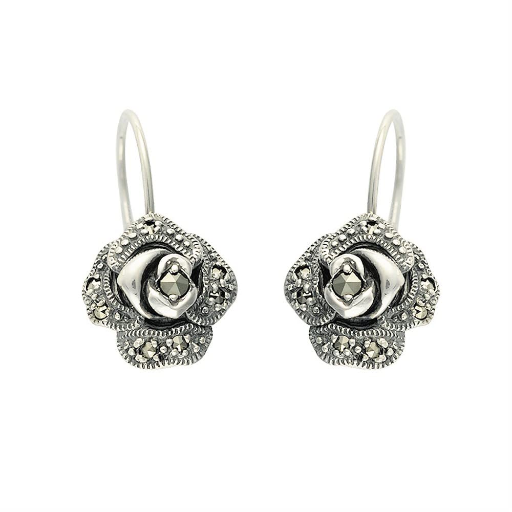HDmirrorR Esse Marcasite Sterling Silver Pave Set Marcasite Victorian Rose Fish Hook Earrings, Sterling Silver, Marcasite